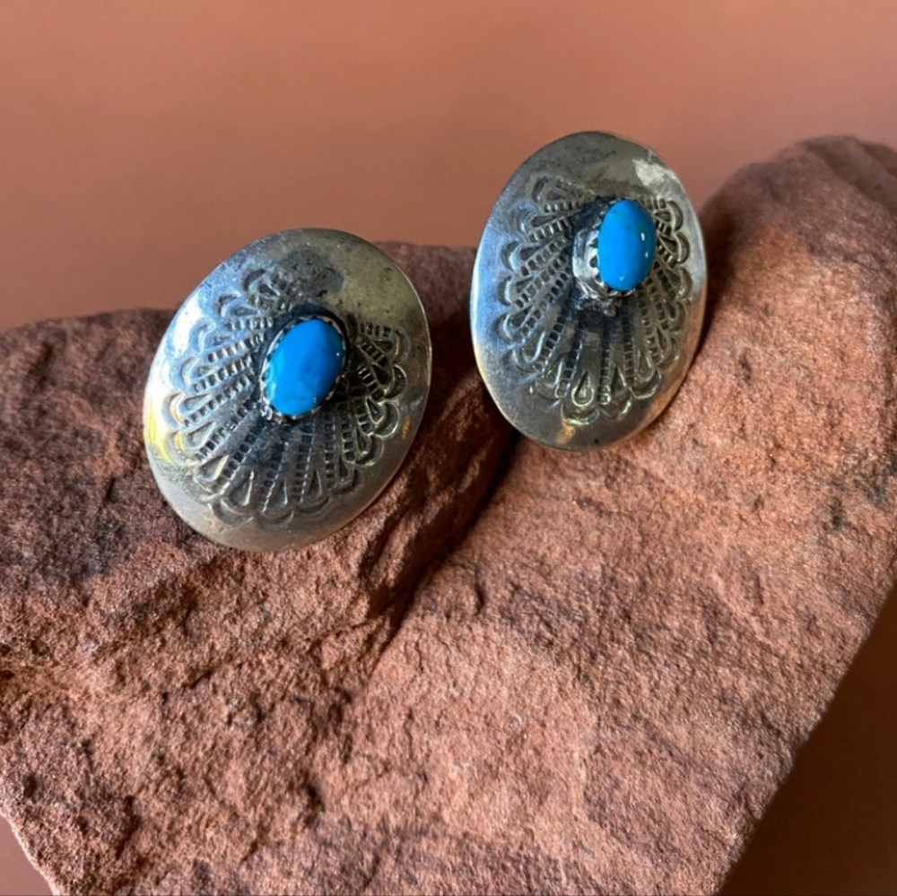 Stamped Silver Turquoise Concho Earrings